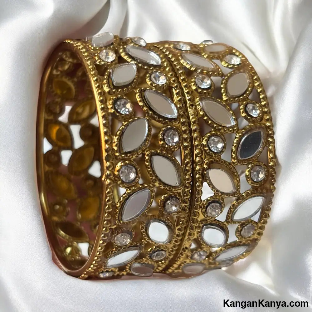 Gold Mirror Work Kundan Bangles – Leaf Motif Crystal Embellished Pair 1.12