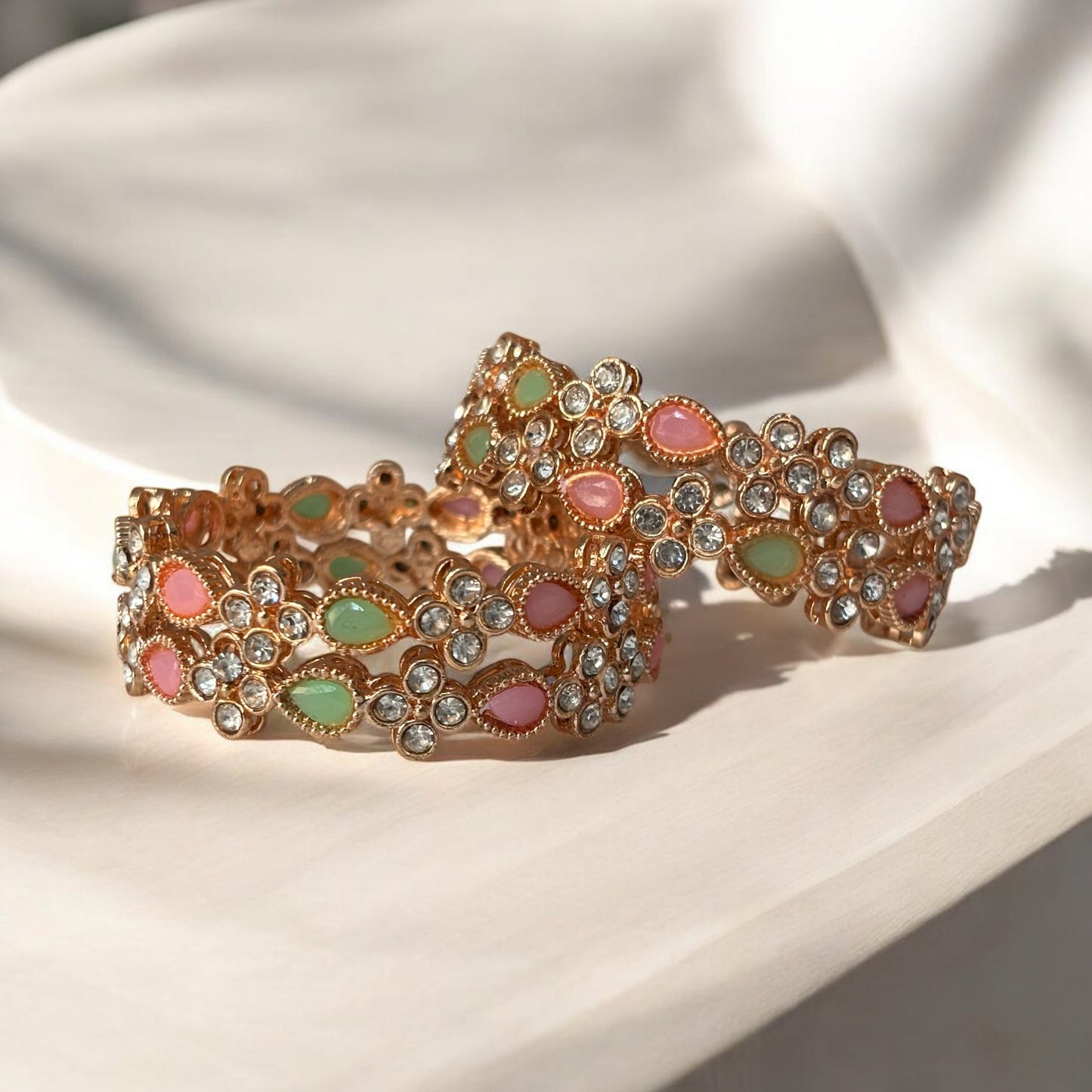 Pastel Kundan Bangles – Pink & Mint Floral Stone Design with Gold Finish(set of 4)
