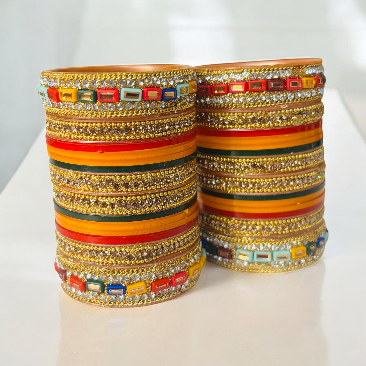Multicolor Bridal Bangle Set – Red, Orange & Green with Colorblock Kundan Accents