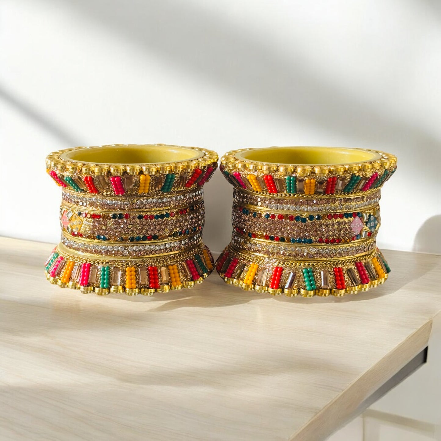 Vibrant Mustard Bridal Bangles with Multicolor Bead and Kundan Detailing
