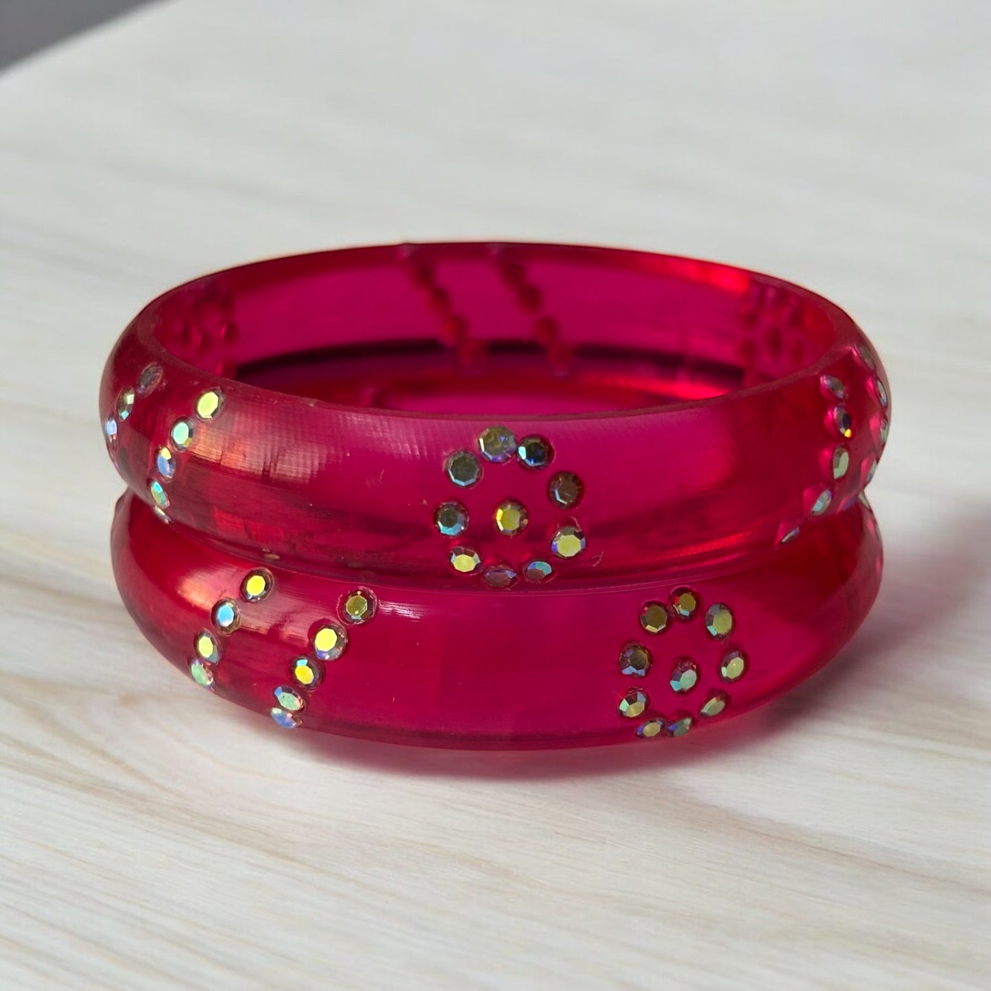 Resin Bangles with Iridescent Stone Floral Accents – Set of 2
