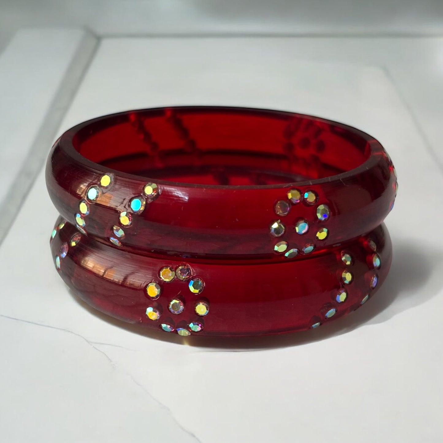Resin Bangles with Iridescent Stone Floral Accents – Set of 2