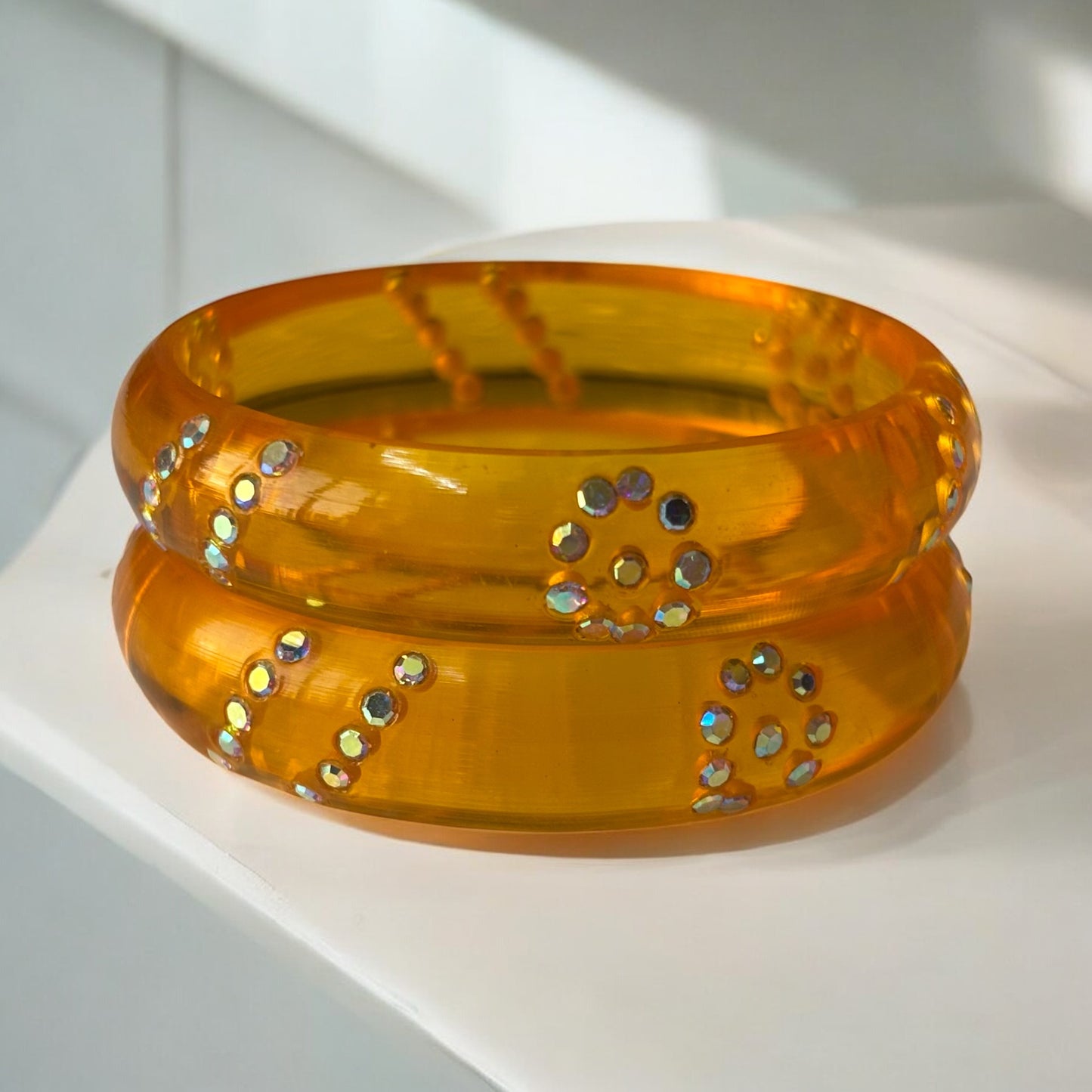 Resin Bangles with Iridescent Stone Floral Accents – Set of 2