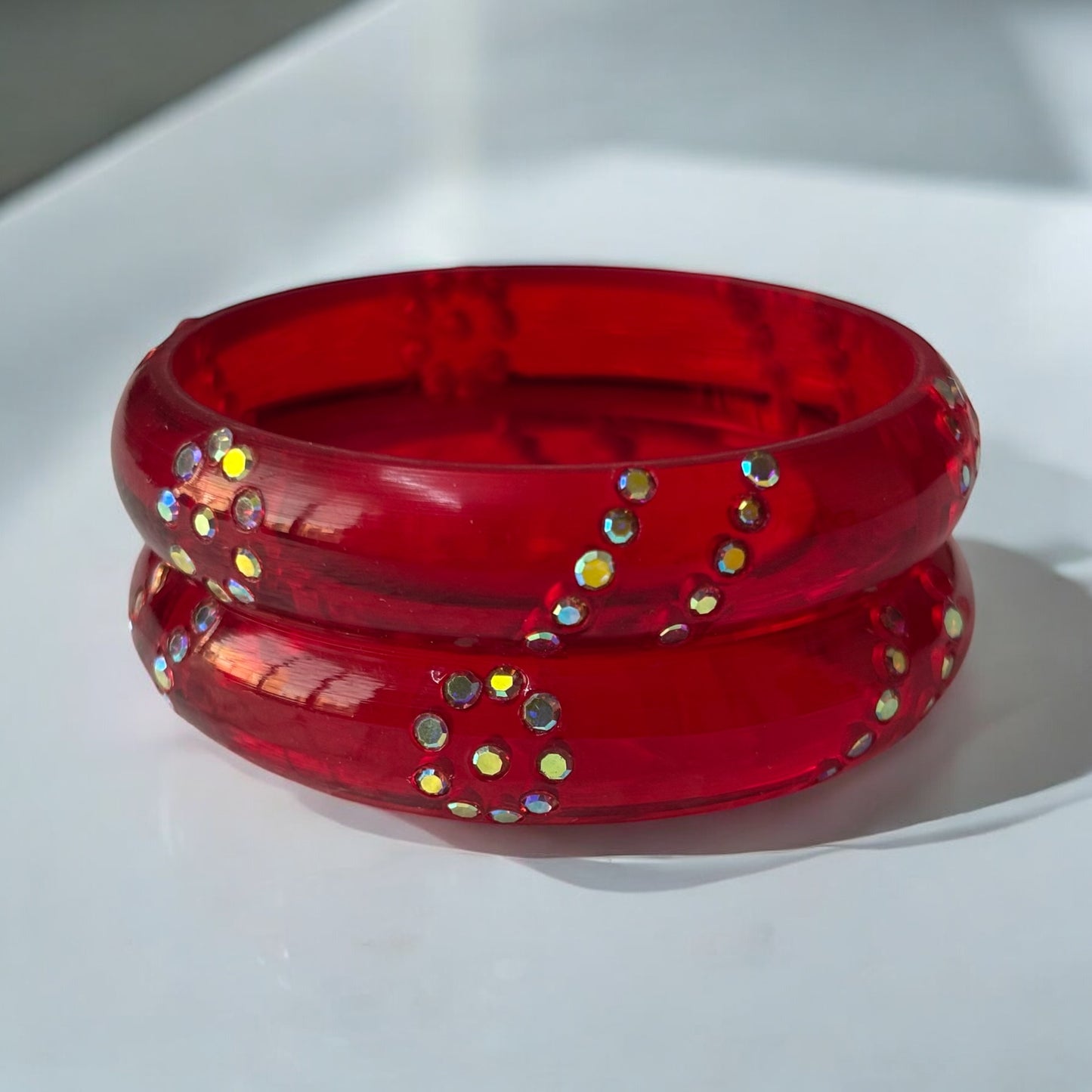 Resin Bangles with Iridescent Stone Floral Accents – Set of 2