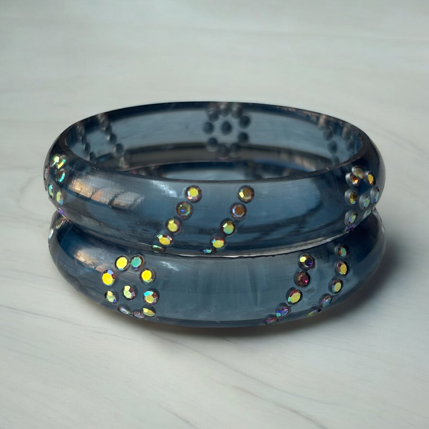 Resin Bangles with Iridescent Stone Floral Accents – Set of 2