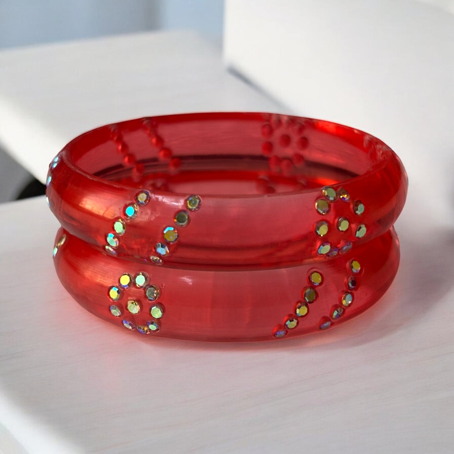Resin Bangles with Iridescent Stone Floral Accents – Set of 2