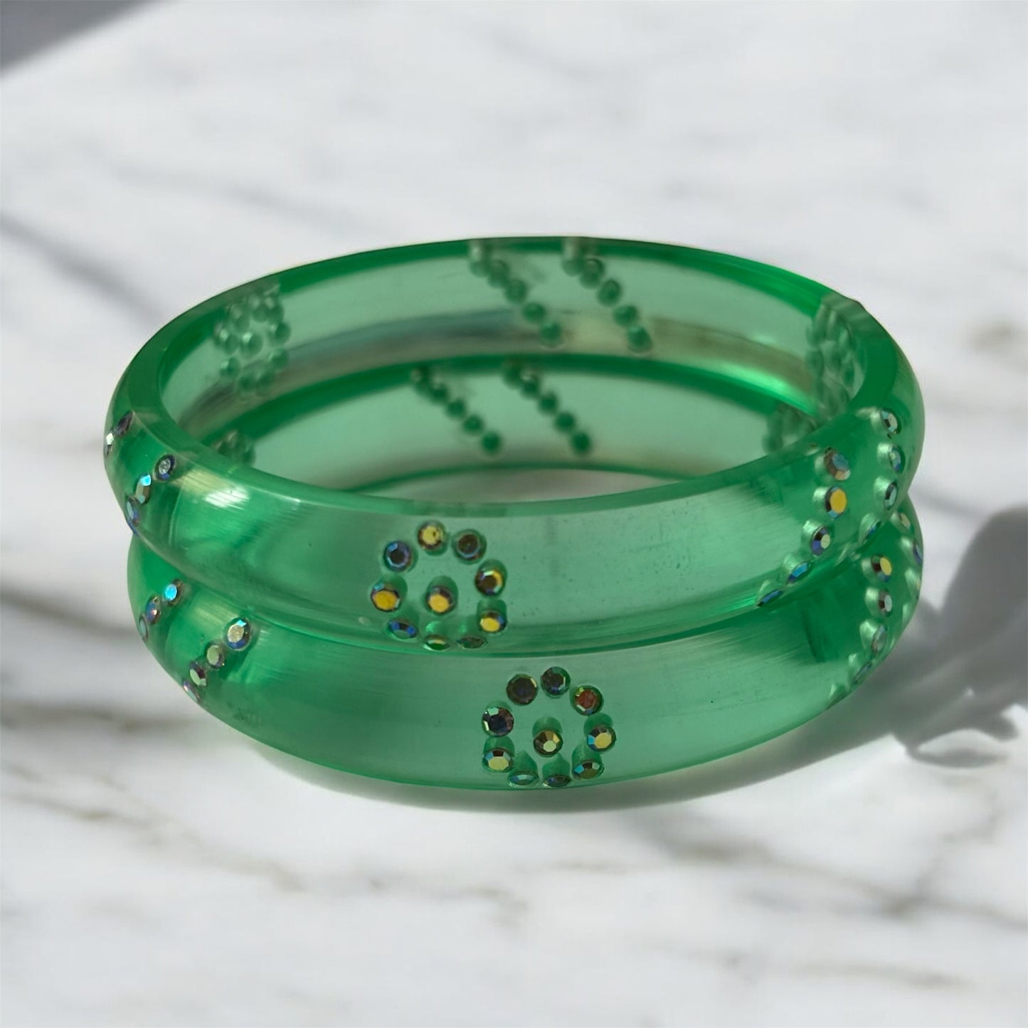 Resin Bangles with Iridescent Stone Floral Accents – Set of 2