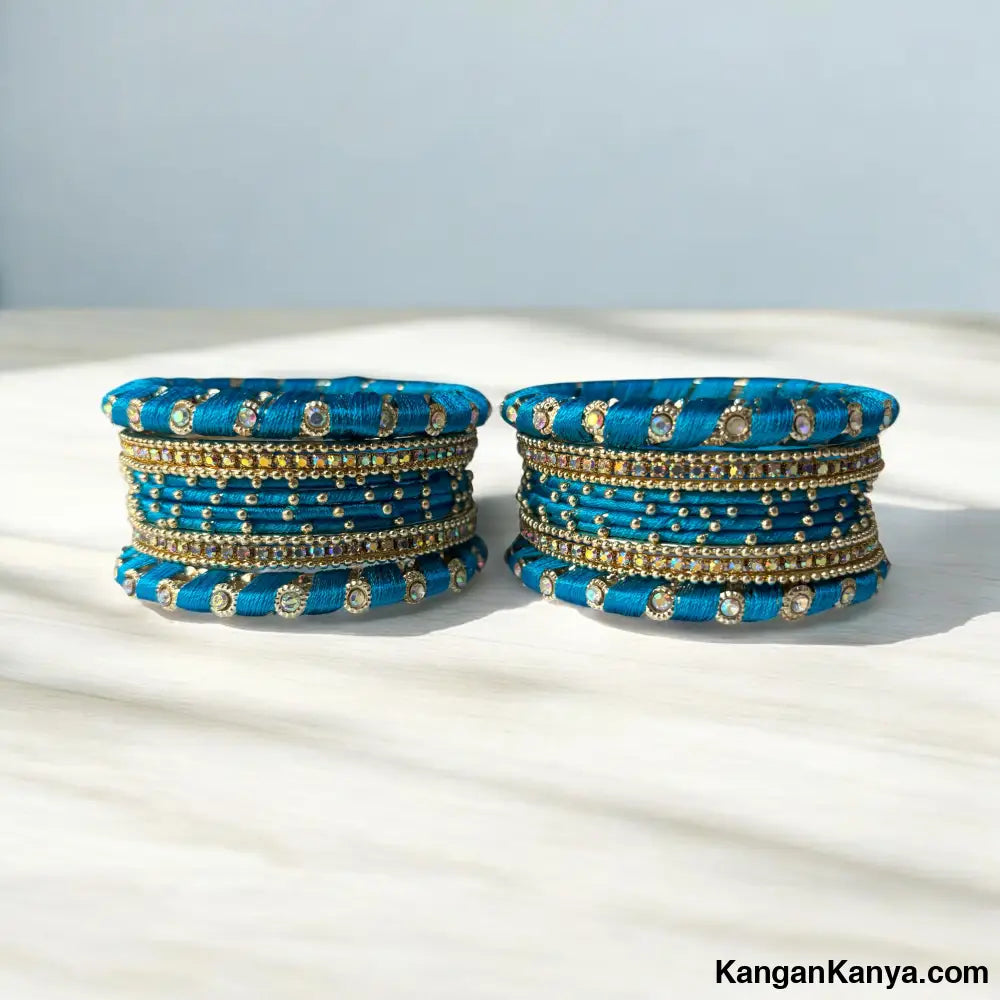 Traditional Silk Thread Bangles Set with Stone Work – Festive Wear (Set of 24) Blue / 2.0