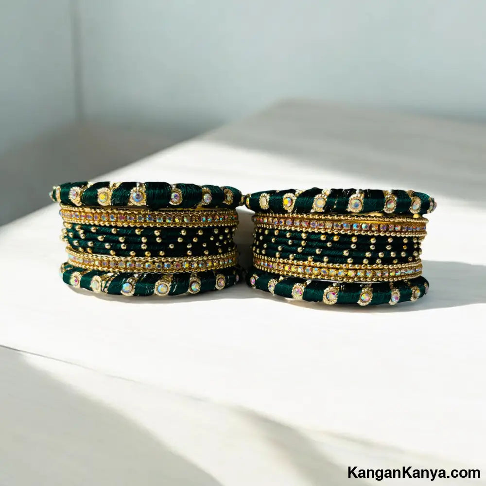 Traditional Silk Thread Bangles Set with Stone Work – Festive Wear (Set of 24) Dark Green / 2.0