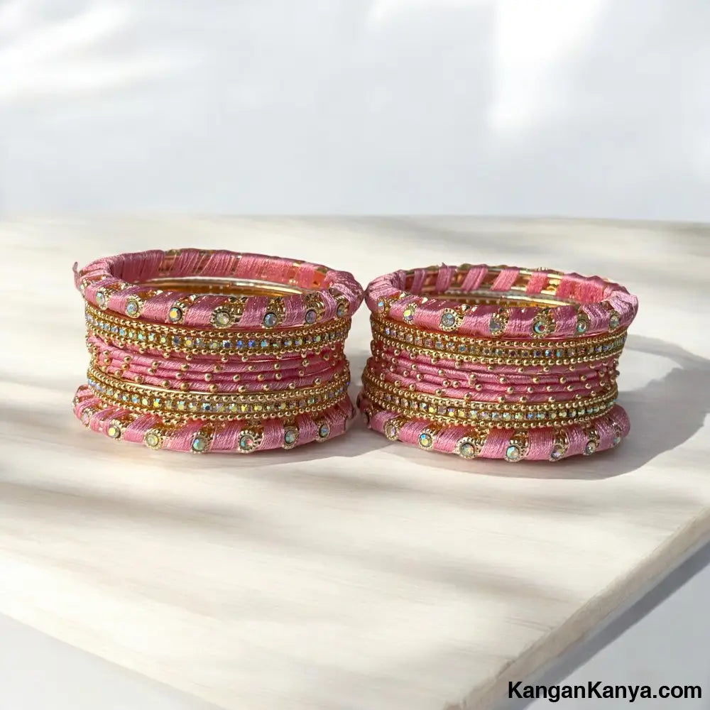 Traditional Silk Thread Bangles Set with Stone Work – Festive Wear (Set of 24) Light Pink / 2.0
