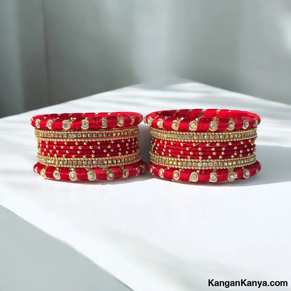 Traditional Silk Thread Bangles Set with Stone Work – Festive Wear (Set of 24) Red / 2.0