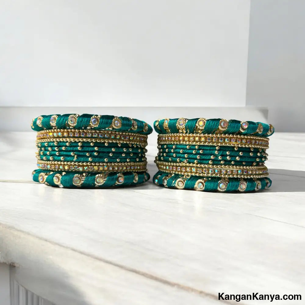 Traditional Silk Thread Bangles Set with Stone Work – Festive Wear (Set of 24) Teal / 2.0