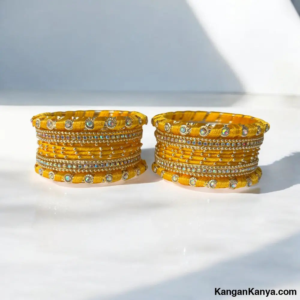 Traditional Silk Thread Bangles Set with Stone Work – Festive Wear (Set of 24) Yellow / 2.0
