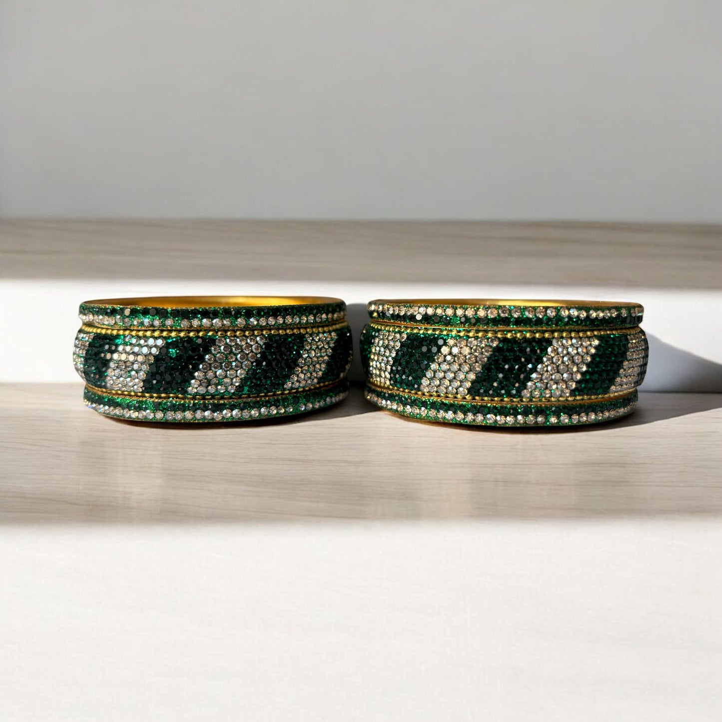 Emerald & Crystal Stone Bangles – Luxe Bridal Design (Set of 2)