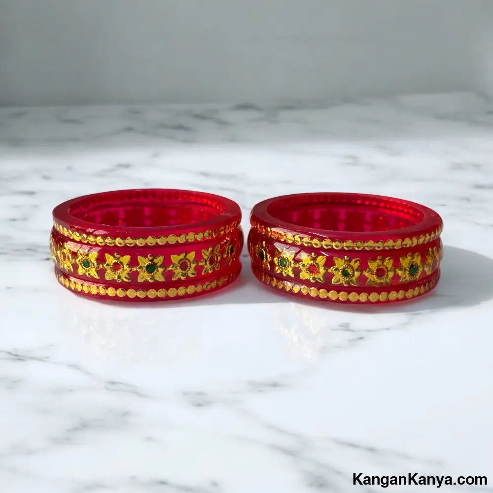 Bangles with Golden Floral and Dot Detailing – Set of 6 Dark Pink / 1.10