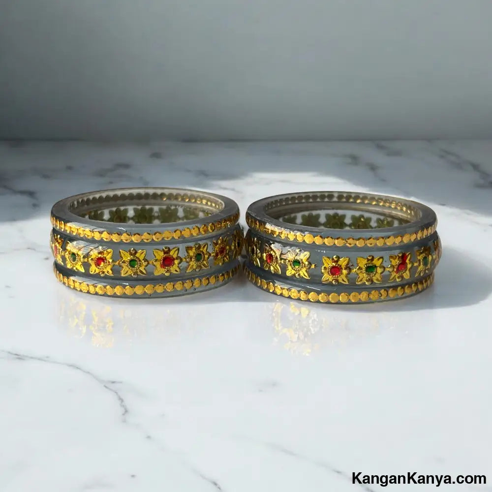 Bangles with Golden Floral and Dot Detailing – Set of 6 Gray / 1.10