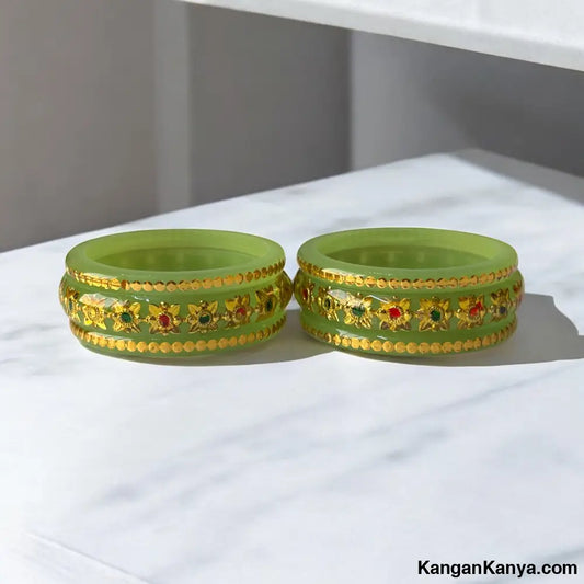 Bangles with Golden Floral and Dot Detailing – Set of 6 Light Green / 1.10