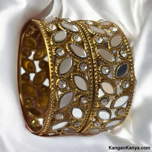 Gold Mirror Work Kundan Bangles – Leaf Motif Crystal Embellished Pair 1.12