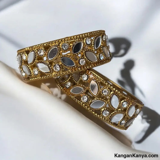 Gold Mirror Work Kundan Bangles – Leaf Motif Crystal Embellished Pair