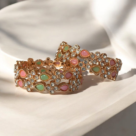 Pastel Kundan Bangles – Pink & Mint Floral Stone Design with Gold Finish(set of 4)