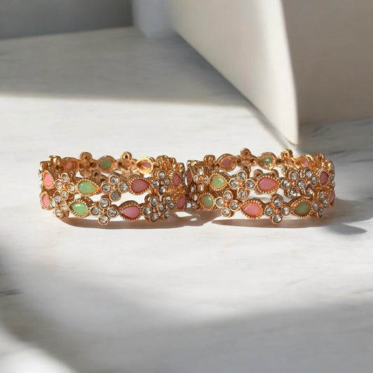 Pastel Kundan Bangles – Pink & Mint Floral Stone Design with Gold Finish(set of 4)