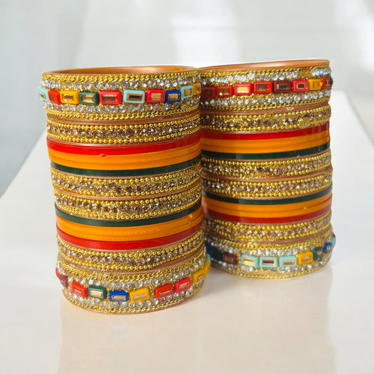 Multicolor Bridal Bangle Set – Red, Orange & Green with Colorblock Kundan Accents
