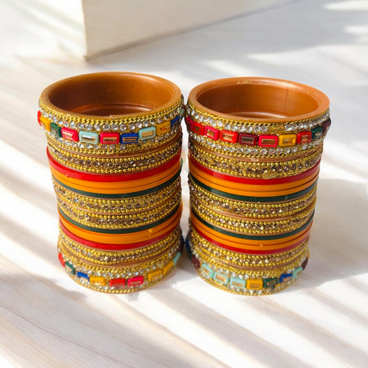 Multicolor Bridal Bangle Set – Red, Orange & Green with Colorblock Kundan Accents