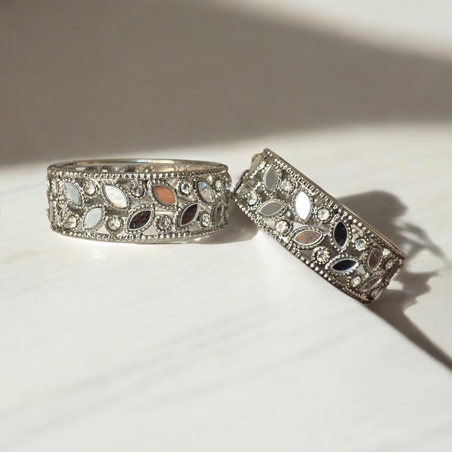 Antique Silver Mirror Work Bangles – Leaf Motif with Crystal Accents