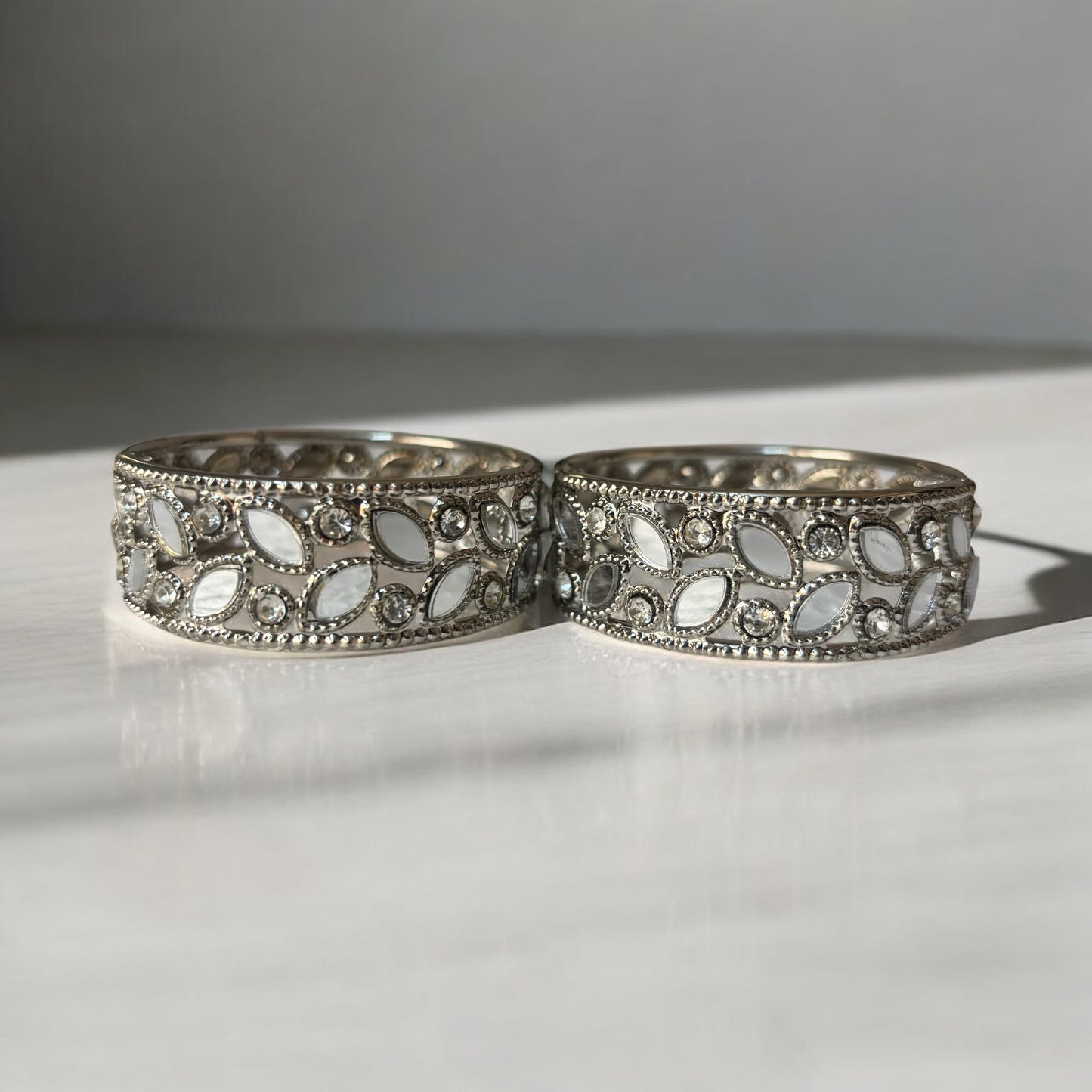 Antique Silver Mirror Work Bangles – Leaf Motif with Crystal Accents