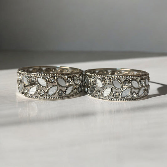 Antique Silver Mirror Work Bangles – Leaf Motif with Crystal Accents