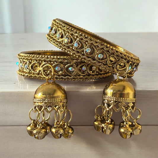 Traditional Gold Bangles with Mirror Work and Jhumka Danglers
