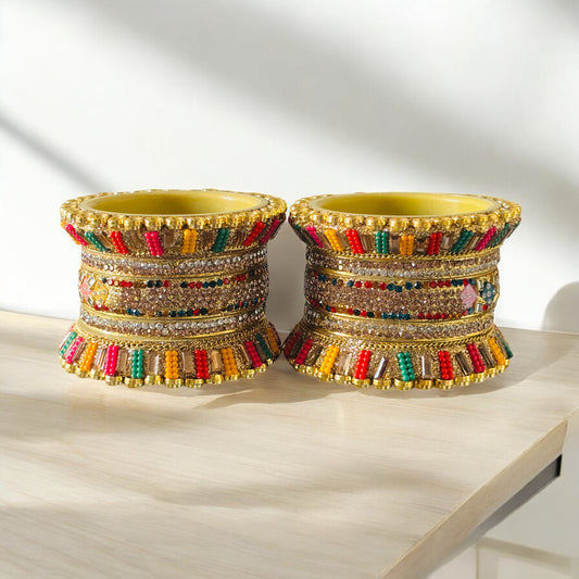 Vibrant Mustard Bridal Bangles with Multicolor Bead and Kundan Detailing