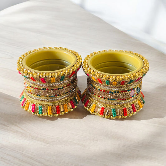 Vibrant Mustard Bridal Bangles with Multicolor Bead and Kundan Detailing
