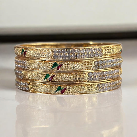 Elegant Gold Bangles with Diamond Accents and Meenakari Detailing – Set of 4