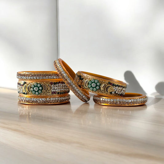 Gold Bridal Bangle Set with Green Stone Floral Center & Diamond Accents – Set of 6