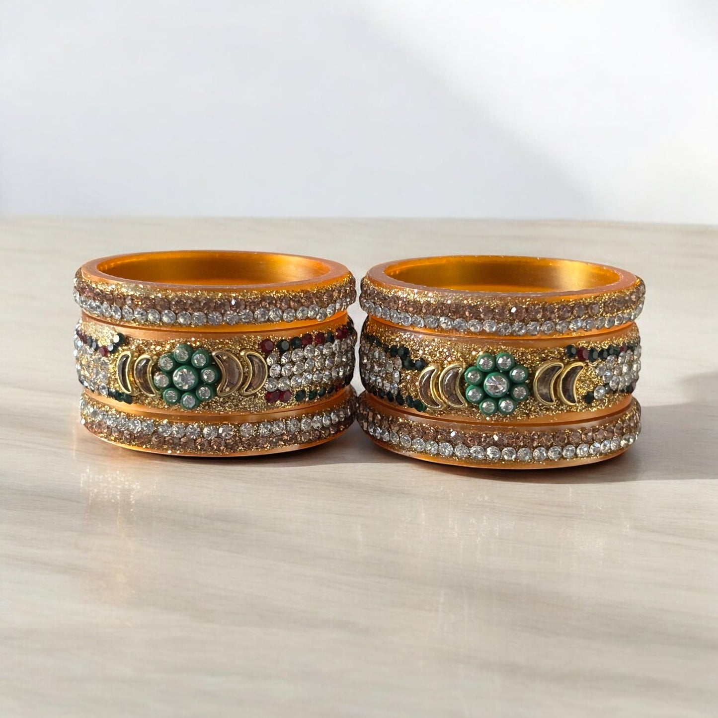 Gold Bridal Bangle Set with Green Stone Floral Center & Diamond Accents – Set of 6