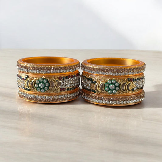 Gold Bridal Bangle Set with Green Stone Floral Center & Diamond Accents – Set of 6