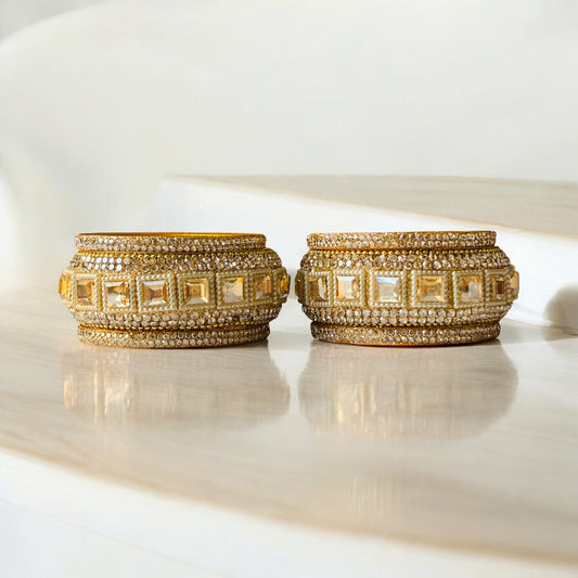 Golden Bridal Bangle Set with Square Kundan and Diamond Detailing – Set of 6