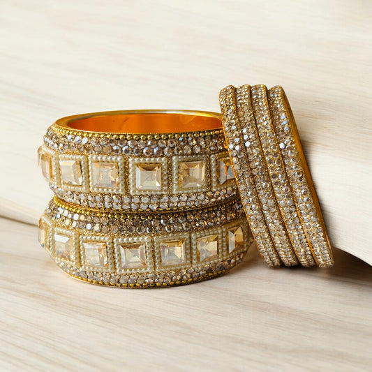 Golden Bridal Bangle Set with Square Kundan and Diamond Detailing – Set of 6