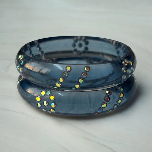 Resin Bangles with Iridescent Stone Floral Accents – Set of 2