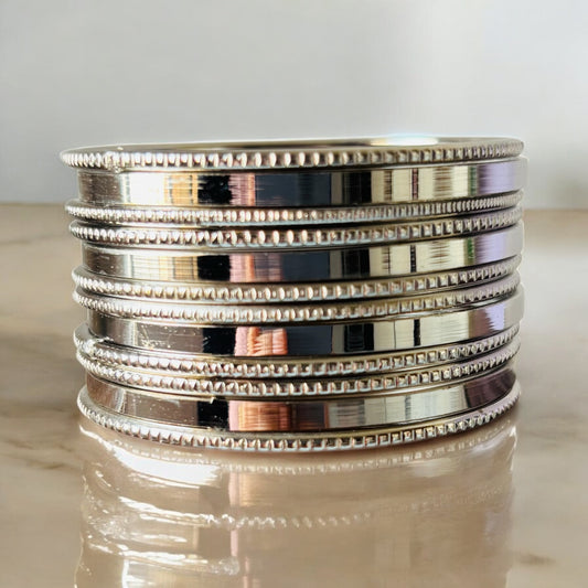 Polished Silver-Tone Bangles Set – Sleek Minimalist Design (Set of 12)