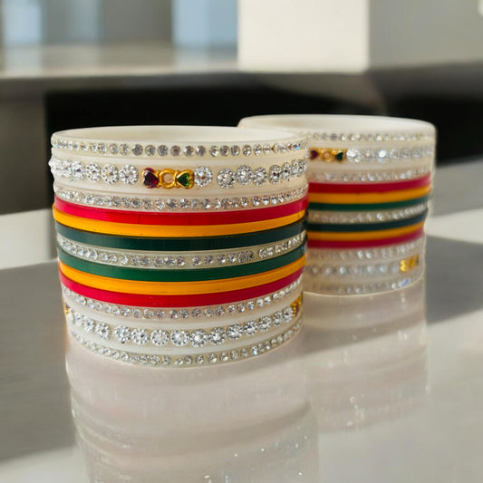 Ivory Bridal Chooda with Multicolor Stripes & Crystal Stone Work – Punjabi Wedding Bangles