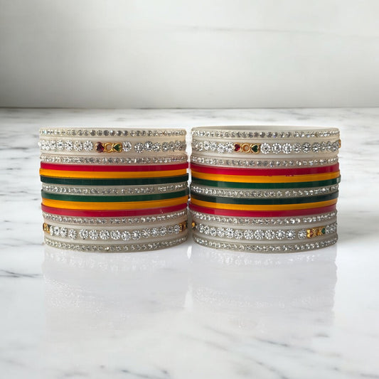 Ivory Bridal Chooda with Multicolor Stripes & Crystal Stone Work – Punjabi Wedding Bangles