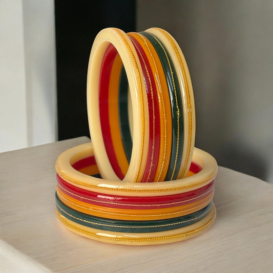 Ivory Multicolor Acrylic Bangles with Gold Accent – Traditional Punjabi Chooda Set