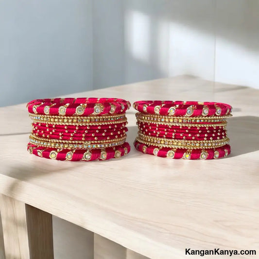Traditional Silk Thread Bangles Set with Stone Work – Festive Wear (Set of 24) Dark Pink / 2.0