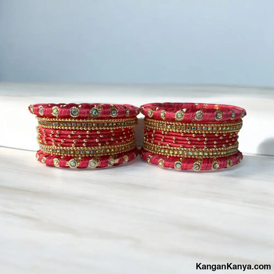 Traditional Silk Thread Bangles Set with Stone Work – Festive Wear (Set of 24) Peach / 2.0